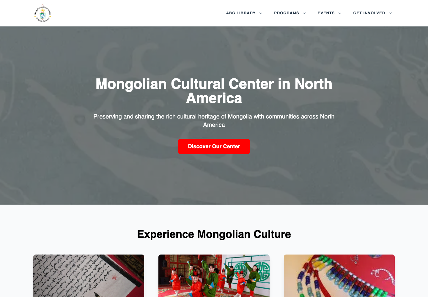 The live Mongolian Cultural Center website showing its community celebration and cultural programs